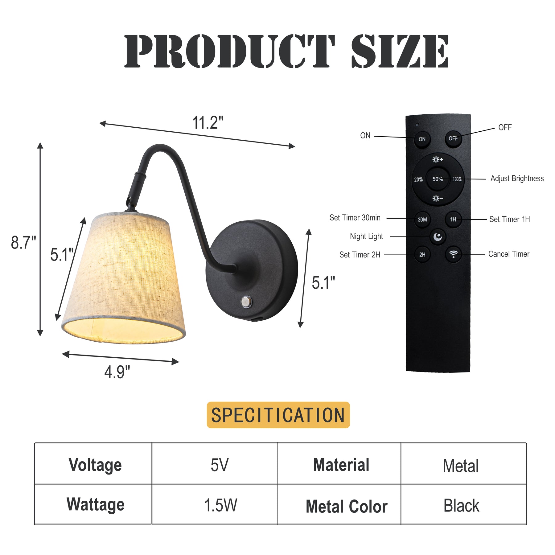 1-Light W5" Mid-century Matte Black Battery Operated Wall Sconces with Beige Fabric Shade Dimmable Integrated LED Rechargeable Cordless Swing Head Wall Lamp