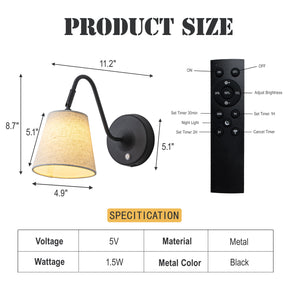 1-Light W5" Mid-century Matte Black Battery Operated Wall Sconces with Beige Fabric Shade Dimmable Integrated LED Rechargeable Cordless Swing Head Wall Lamp
