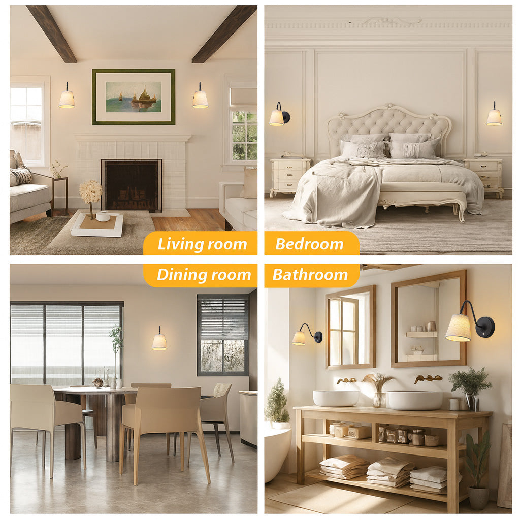 1-Light W5" Mid-century Matte Black Battery Operated Wall Sconces with Beige Fabric Shade Dimmable Integrated LED Rechargeable Cordless Swing Head Wall Lamp