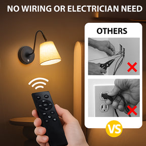 1-Light W5" Mid-century Matte Black Battery Operated Wall Sconces with Beige Fabric Shade Dimmable Integrated LED Rechargeable Cordless Swing Head Wall Lamp