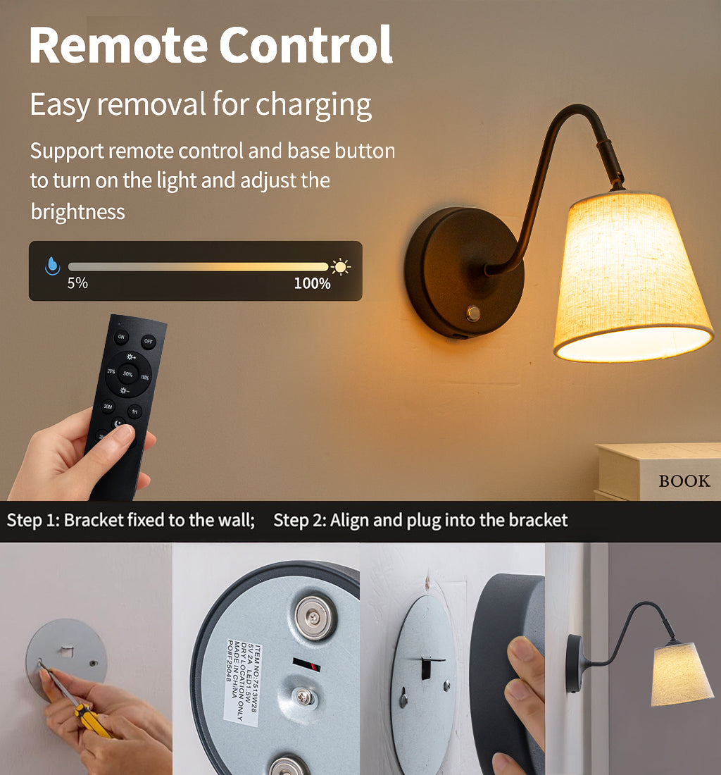 1-Light W5" Mid-century Matte Black Battery Operated Wall Sconces with Beige Fabric Shade Dimmable Integrated LED Rechargeable Cordless Swing Head Wall Lamp