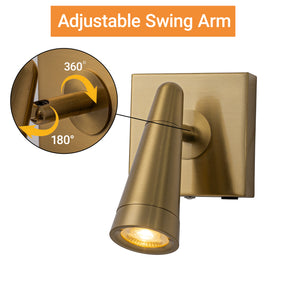 Rechargeable Cordless Wall Sconce USB-C LED Brass Spot Light with Remote and Stepless Touch Dimming Adjustable Head Accent Light for Bedroom, Hallway, Decor