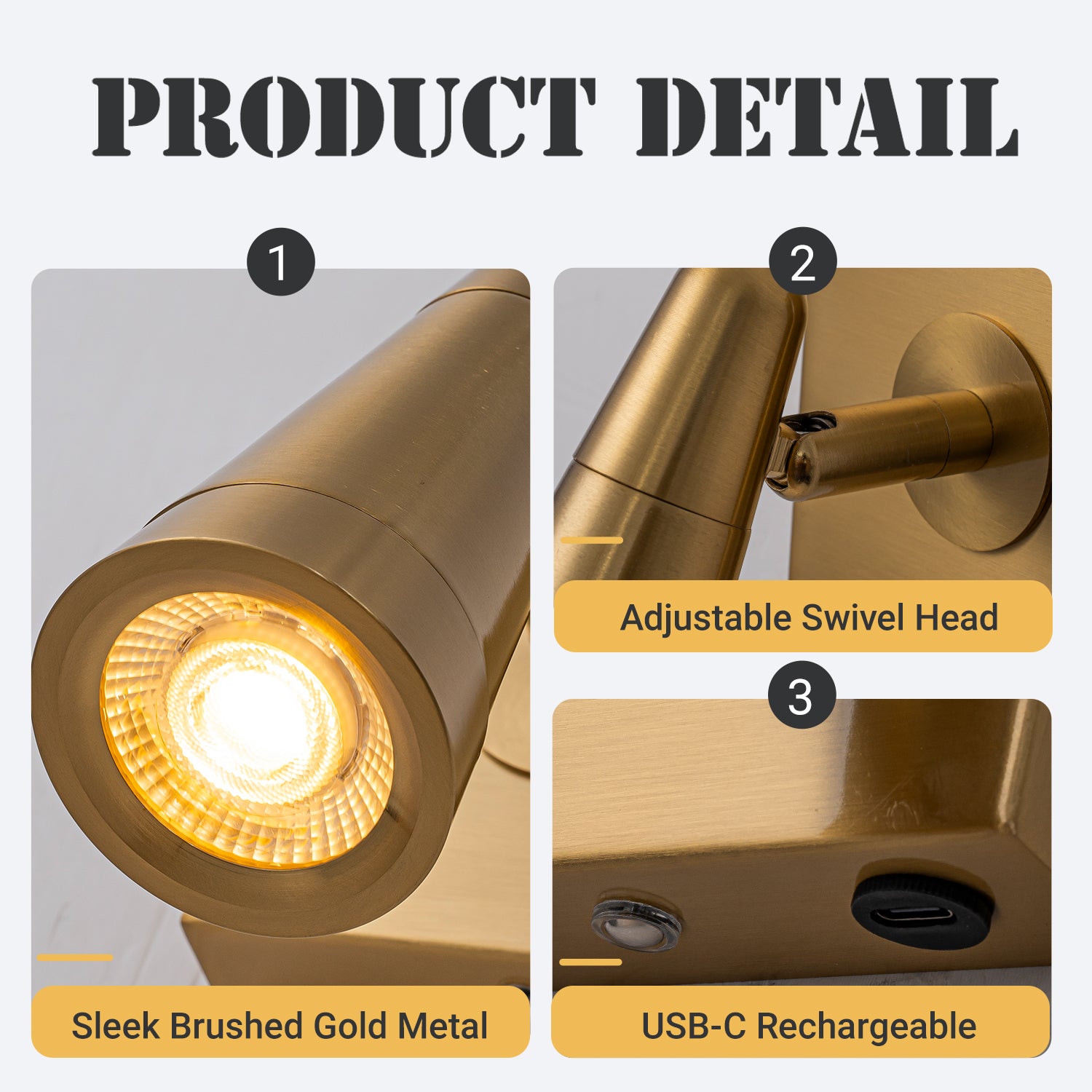 Rechargeable Cordless Wall Sconce USB-C LED Brass Spot Light with Remote and Stepless Touch Dimming Adjustable Head Accent Light for Bedroom, Hallway, Decor