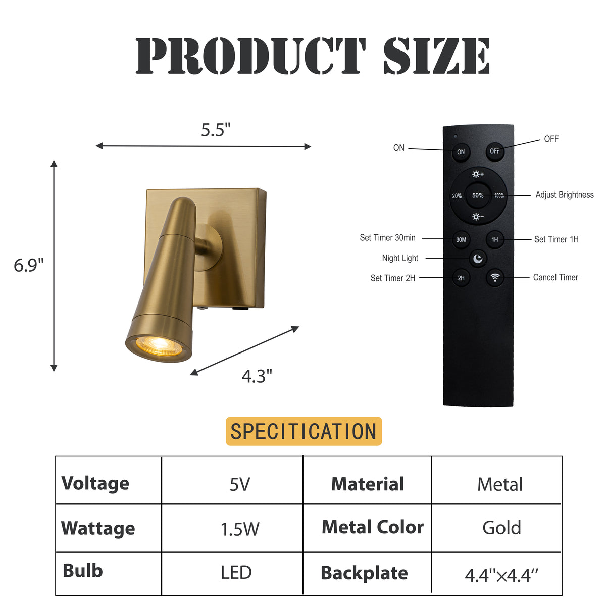 Rechargeable Cordless Wall Sconce USB-C LED Brass Spot Light with Remote and Stepless Touch Dimming Adjustable Head Accent Light for Bedroom, Hallway, Decor