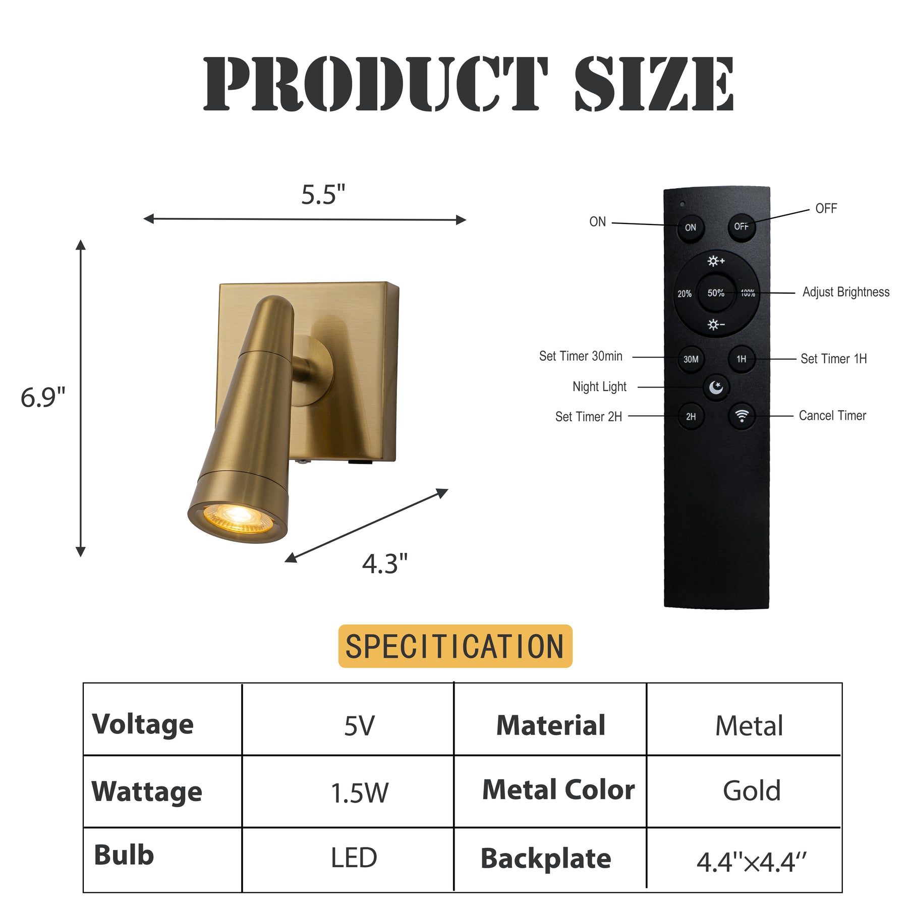 Rechargeable Cordless Wall Sconce USB-C LED Brass Spot Light with Remote and Stepless Touch Dimming Adjustable Head Accent Light for Bedroom, Hallway, Decor