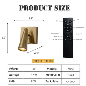 Rechargeable Cordless Wall Sconce USB-C LED Brass Spot Light with Remote and Stepless Touch Dimming Adjustable Head Accent Light for Bedroom, Hallway, Decor