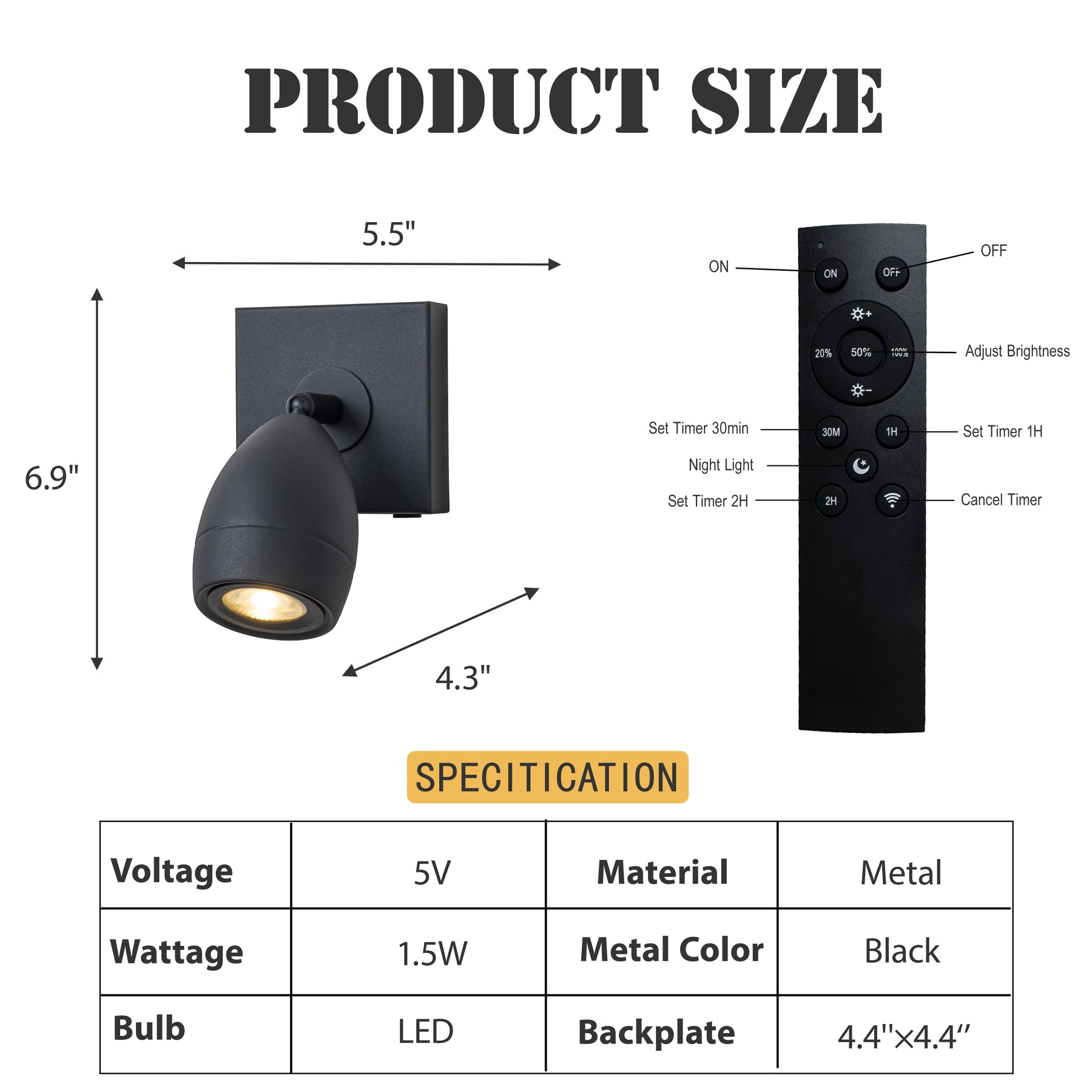 Modern Black Cordless Wall Sconce USB-C Rechargeable LED Spotlight with Touch & Remote Control, Adjustable and Stepless Dimmable Accent Light