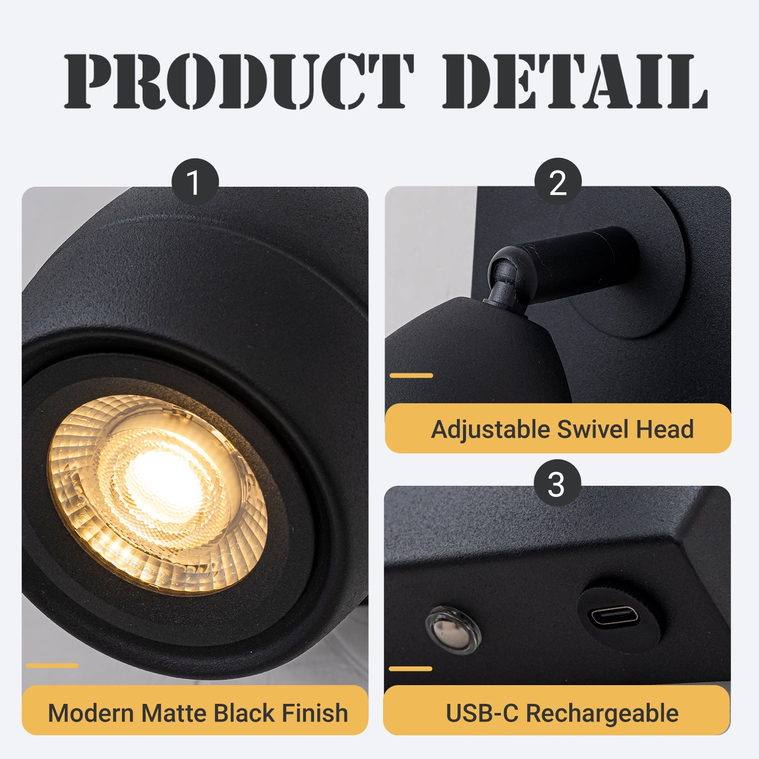 Modern Black Cordless Wall Sconce USB-C Rechargeable LED Spotlight with Touch & Remote Control, Adjustable and Stepless Dimmable Accent Light