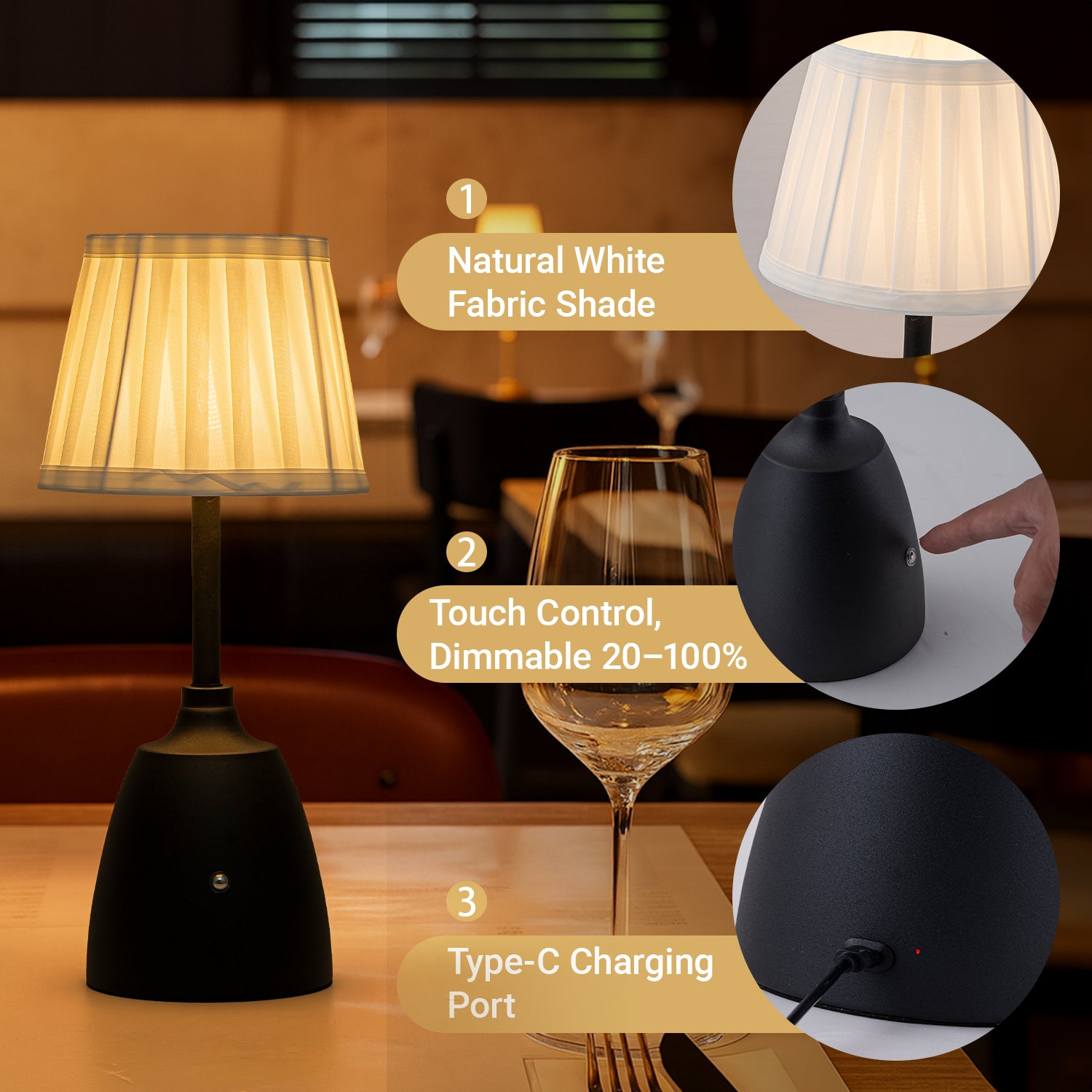 14“ Classic Black Rechargeable LED Table Lamp with Fabric Shade Trasitional Touch Control USB Cordless Nightstand Light for Nightstand Room Foyer Decor
