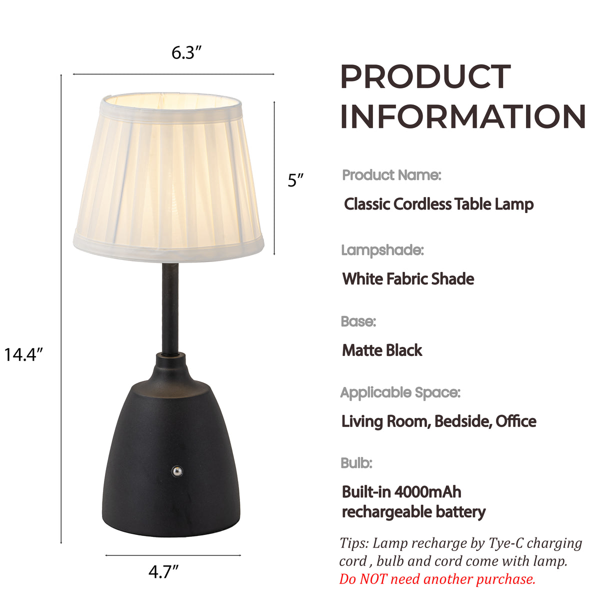 14“ Classic Black Rechargeable LED Table Lamp with Fabric Shade Trasitional Touch Control USB Cordless Nightstand Light for Nightstand Room Foyer Decor
