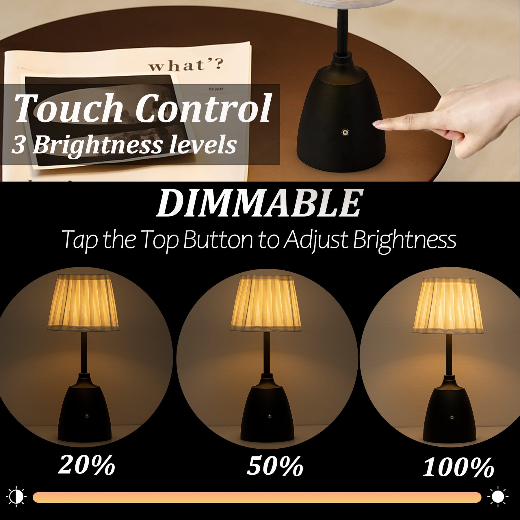 14“ Classic Black Rechargeable LED Table Lamp with Fabric Shade Trasitional Touch Control USB Cordless Nightstand Light for Nightstand Room Foyer Decor