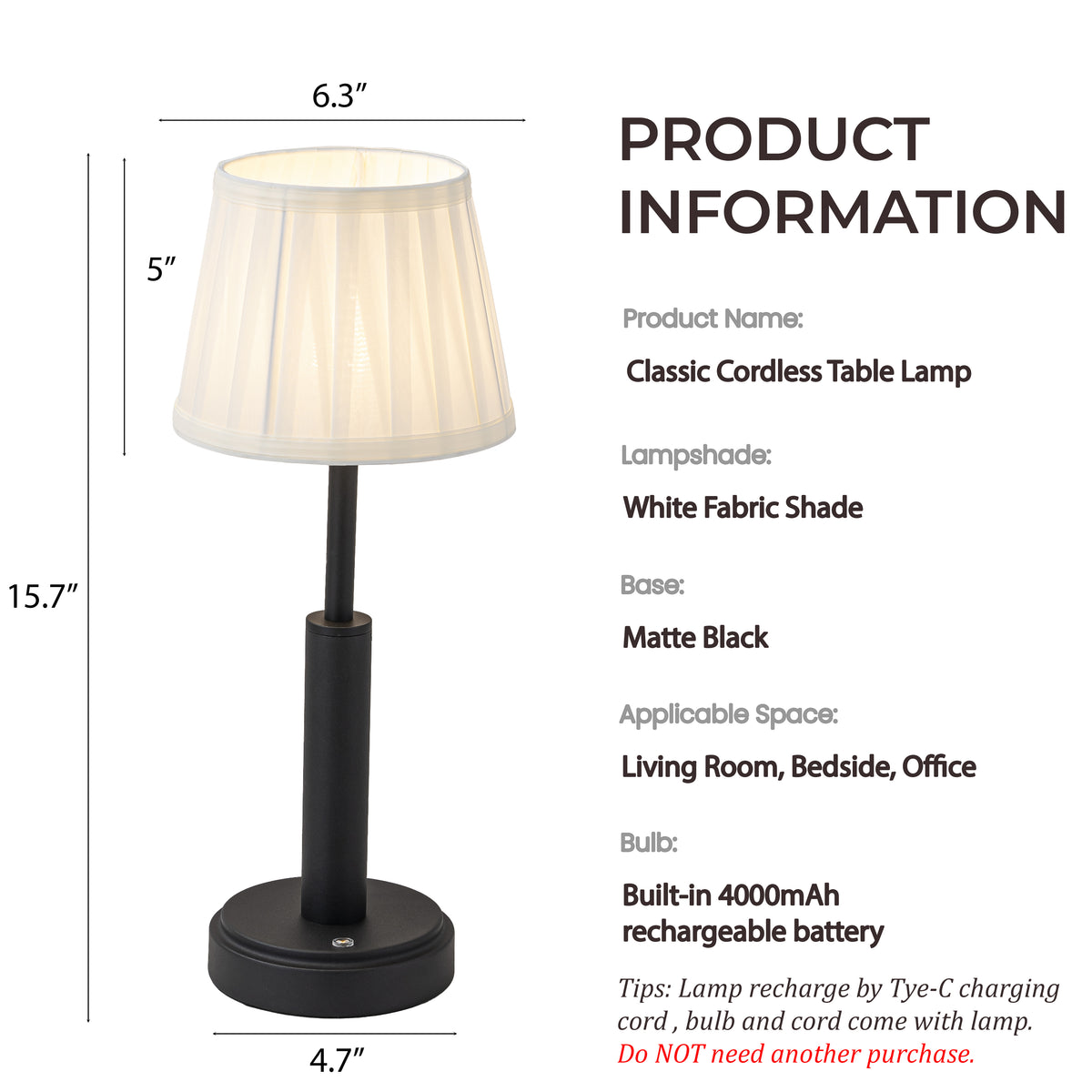 16'' Modern Classic Black Fabric Shade Rechargeable LED Table Lamp Touch Control Cordless USB Nightstand Lamp with Stepless Dimming for Bedroom Dorm Living Room