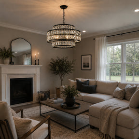 22" Modern Crystal Chandelier 6-Light Matte Black Tiered Drum Pendant Light Fixture for Dining Room and Kitchen