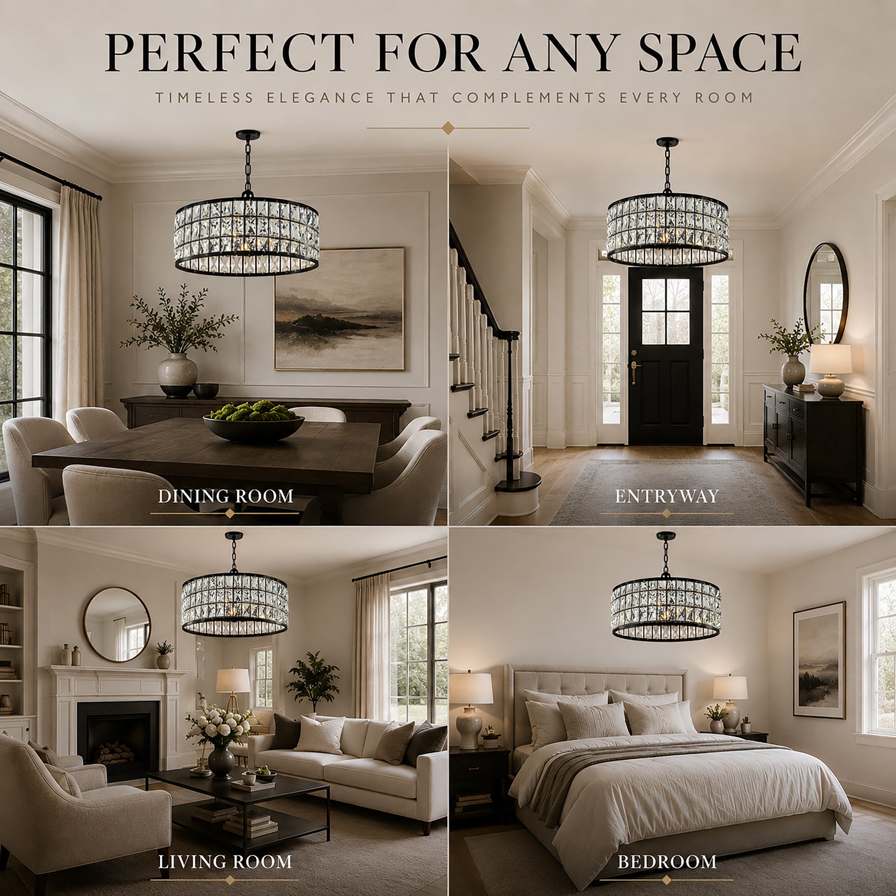 20" Modern Crystal Chandelier Matte Black Finish 6-Light Round Drum Pendant Light Fixture for Dining Room Kitchen