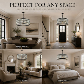 20" Modern Crystal Chandelier Matte Black Finish 6-Light Round Drum Pendant Light Fixture for Dining Room Kitchen