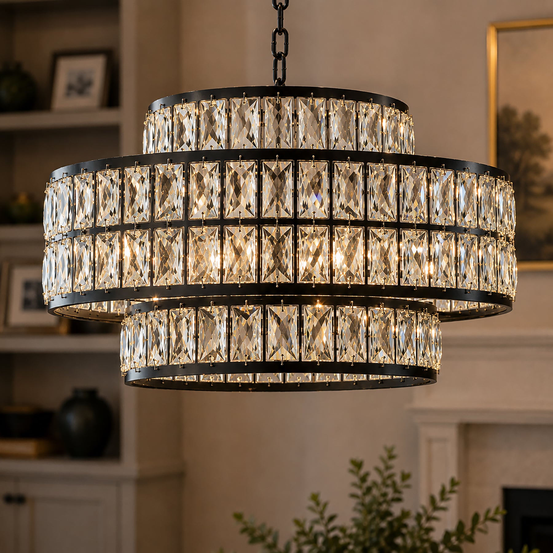 22" Modern Crystal Chandelier 6-Light Matte Black Tiered Drum Pendant Light Fixture for Dining Room and Kitchen