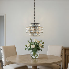 16" Modern Crystal Chandelier Matte Black Finish 4-Light Tiered Drum Pendant Light for Small Spaces Dining Room Entryway