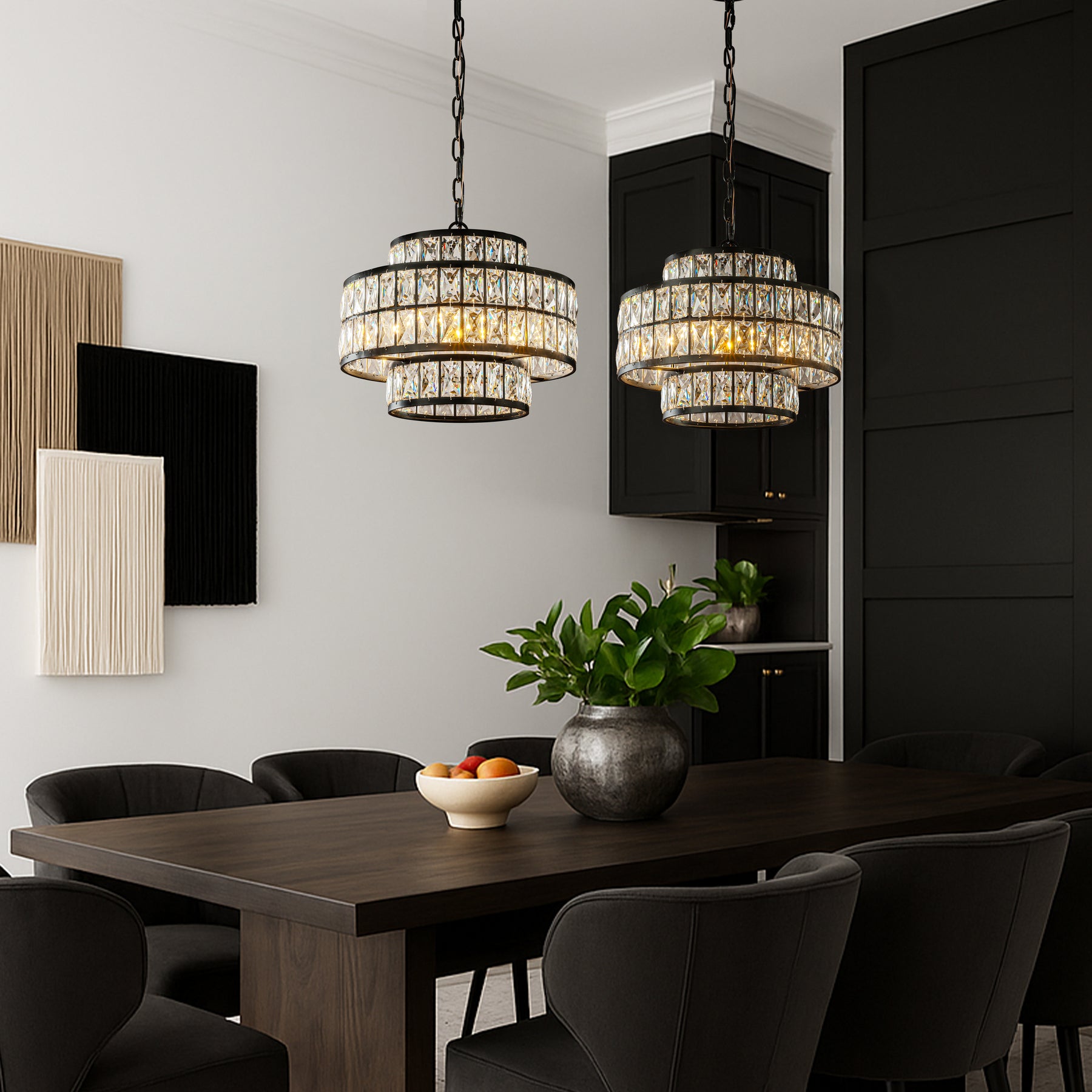 16" Modern Crystal Chandelier Matte Black Finish 4-Light Tiered Drum Pendant Light for Small Spaces Dining Room Entryway