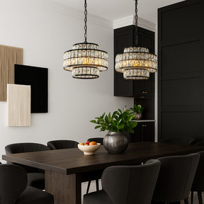 16" Modern Crystal Chandelier Matte Black Finish 4-Light Tiered Drum Pendant Light for Small Spaces Dining Room Entryway