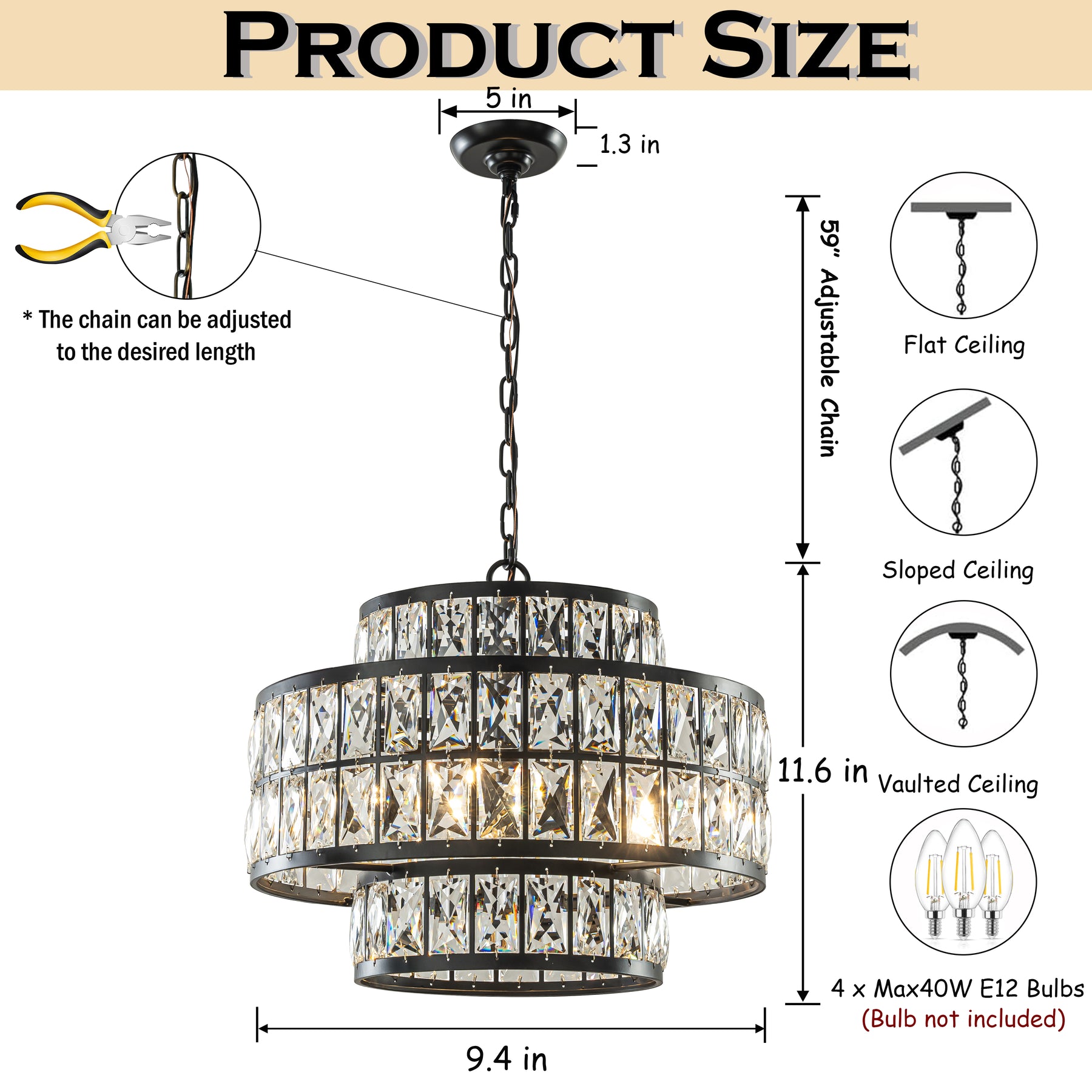 16" Modern Crystal Chandelier Matte Black Finish 4-Light Tiered Drum Pendant Light for Small Spaces Dining Room Entryway