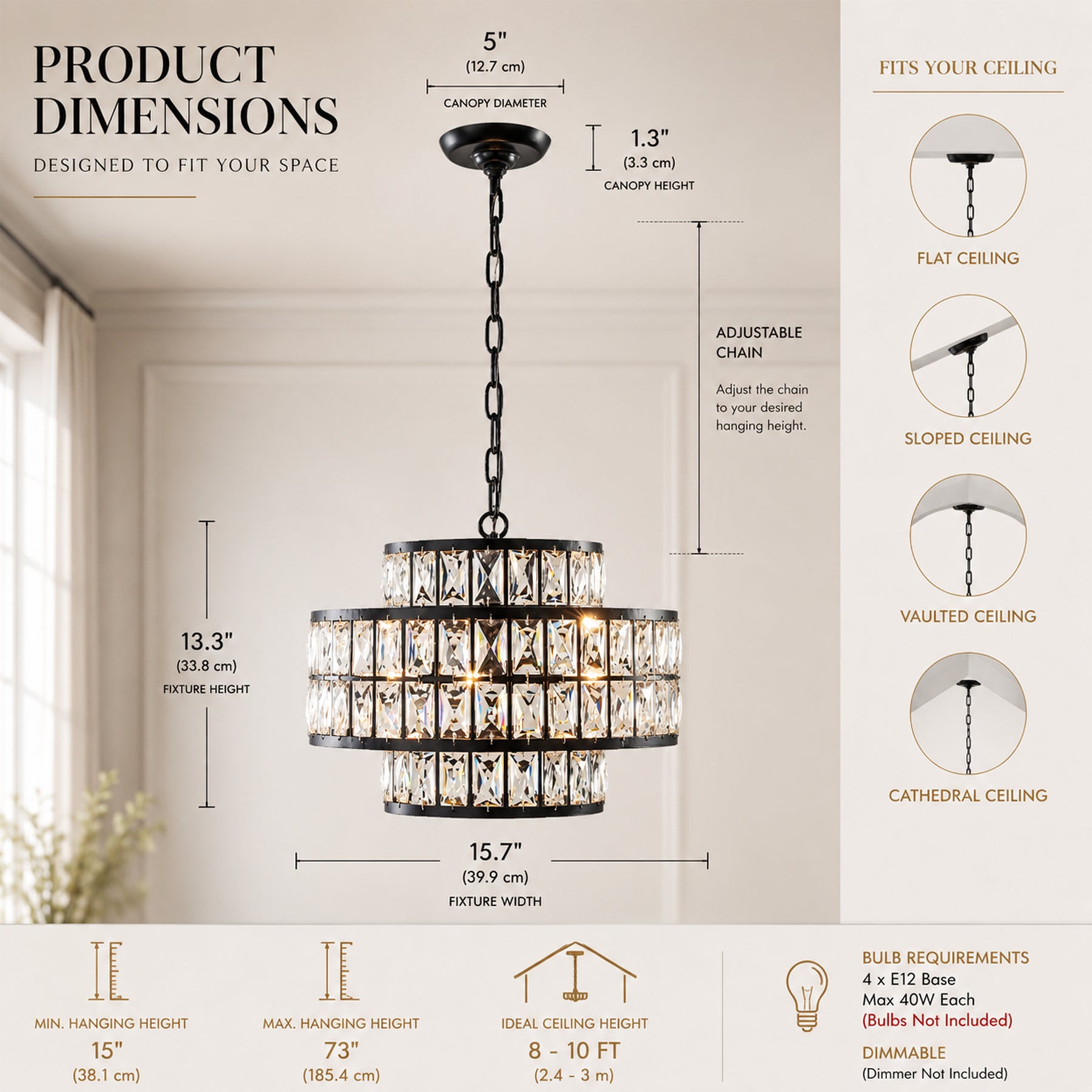 16" Modern Crystal Chandelier Matte Black Finish 4-Light Tiered Drum Pendant Light for Small Spaces Dining Room Entryway