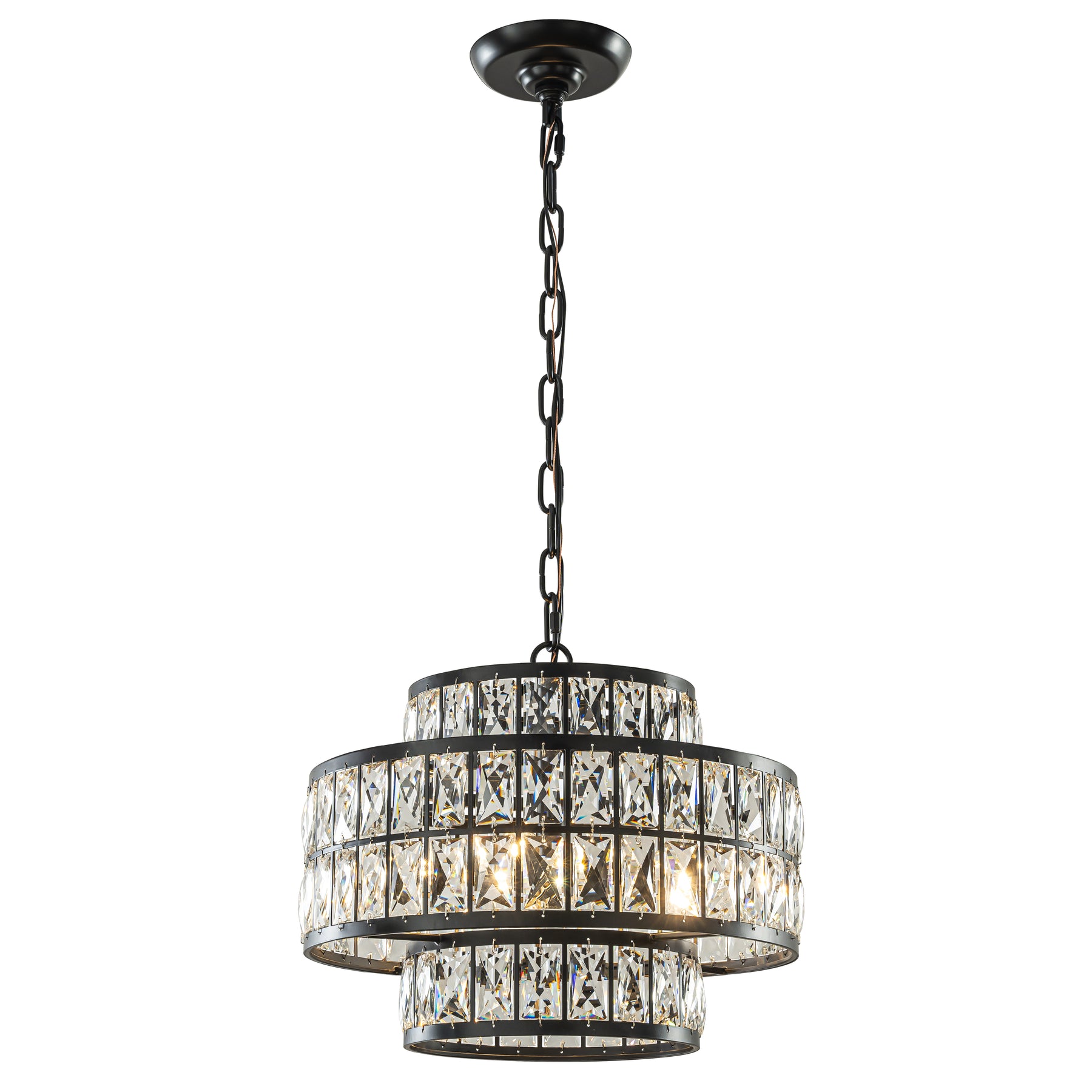 16" Modern Crystal Chandelier Matte Black Finish 4-Light Tiered Drum Pendant Light for Small Spaces Dining Room Entryway