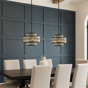 16" Modern Crystal Chandelier Matte Black Finish 4-Light Tiered Drum Pendant Light for Small Spaces Dining Room Entryway