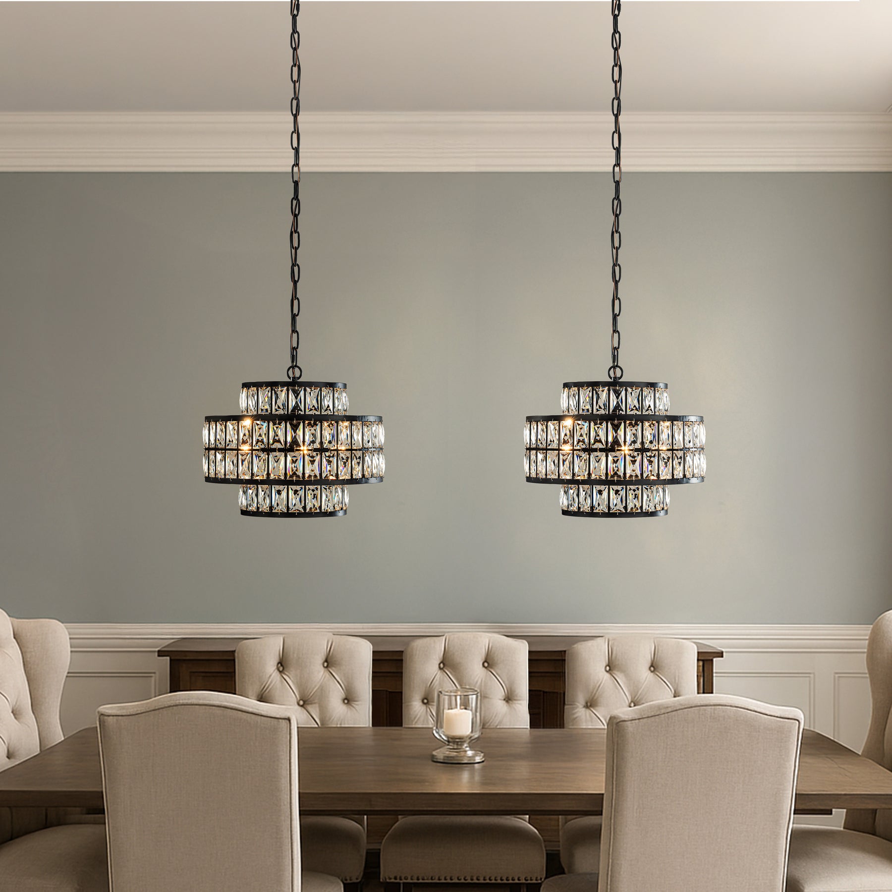 16" Modern Crystal Chandelier Matte Black Finish 4-Light Tiered Drum Pendant Light for Small Spaces Dining Room Entryway