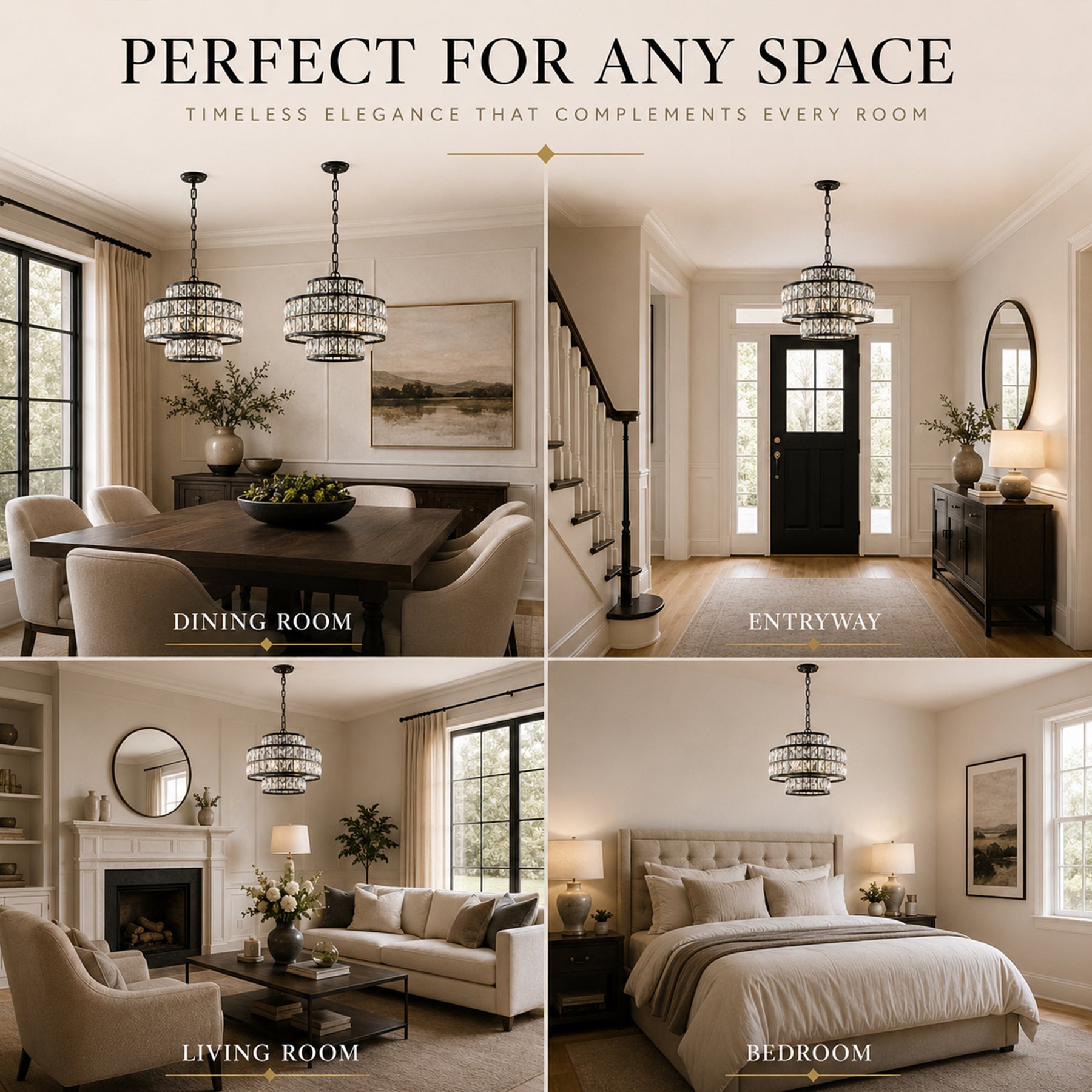 16" Modern Crystal Chandelier Matte Black Finish 4-Light Tiered Drum Pendant Light for Small Spaces Dining Room Entryway