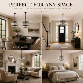 16" Modern Crystal Chandelier Matte Black Finish 4-Light Tiered Drum Pendant Light for Small Spaces Dining Room Entryway