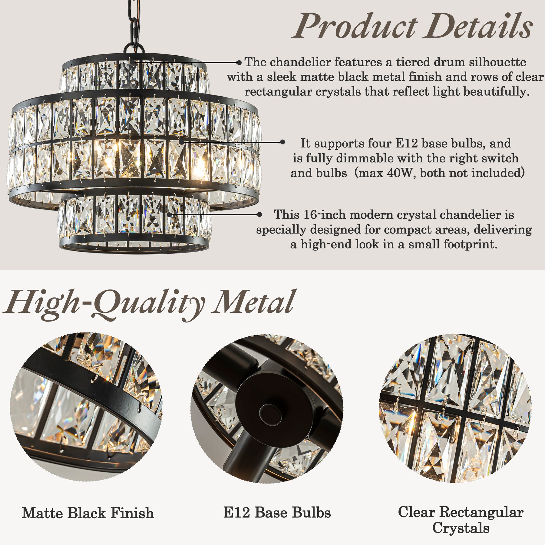16" Modern Crystal Chandelier Matte Black Finish 4-Light Tiered Drum Pendant Light for Small Spaces Dining Room Entryway