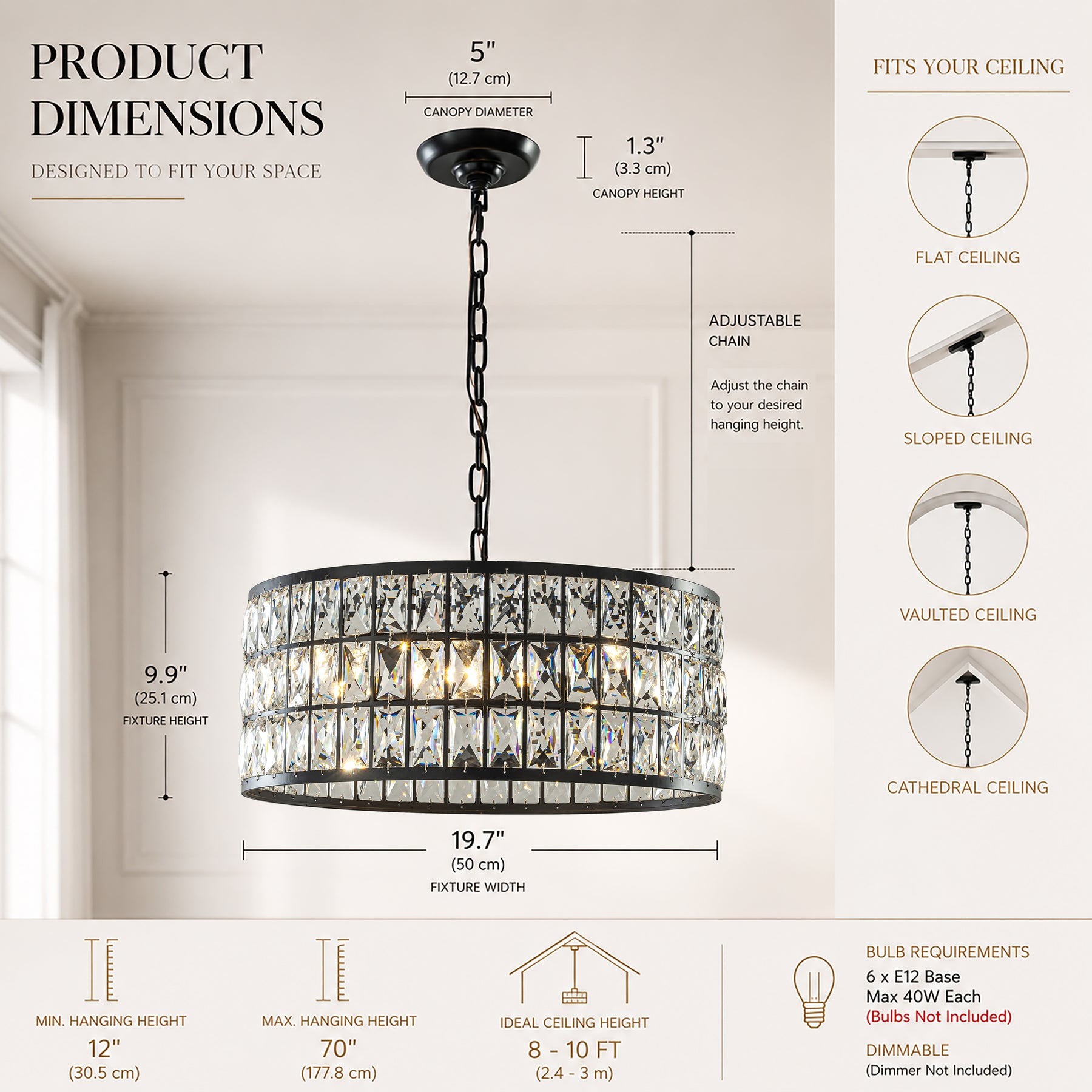 20" Modern Crystal Chandelier Matte Black Finish 6-Light Round Drum Pendant Light Fixture for Dining Room Kitchen