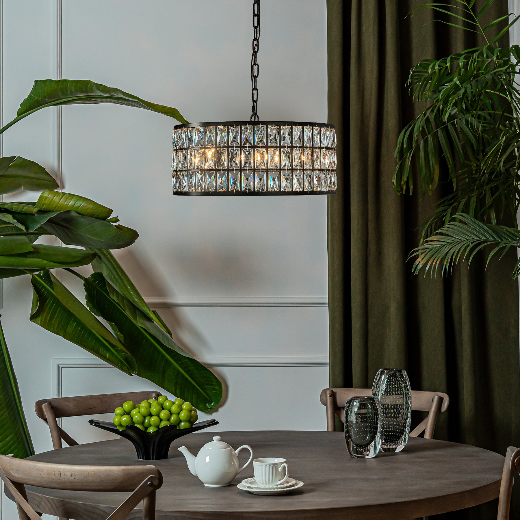 20" Modern Crystal Chandelier Matte Black Finish 6-Light Round Drum Pendant Light Fixture for Dining Room Kitchen