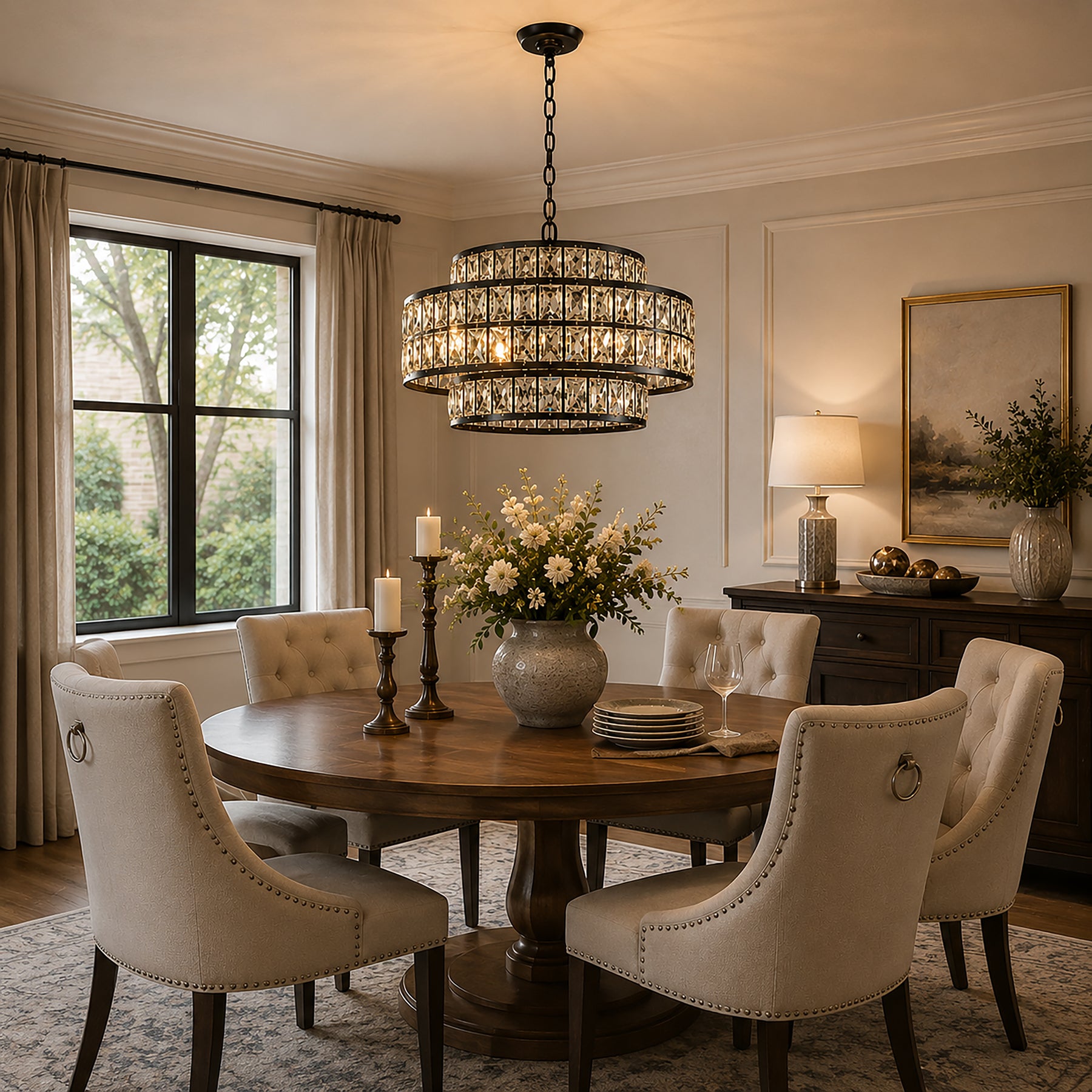 22" Modern Crystal Chandelier 6-Light Matte Black Tiered Drum Pendant Light Fixture for Dining Room and Kitchen