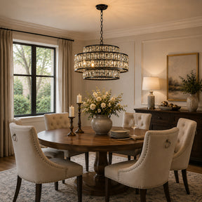 22" Modern Crystal Chandelier 6-Light Matte Black Tiered Drum Pendant Light Fixture for Dining Room and Kitchen