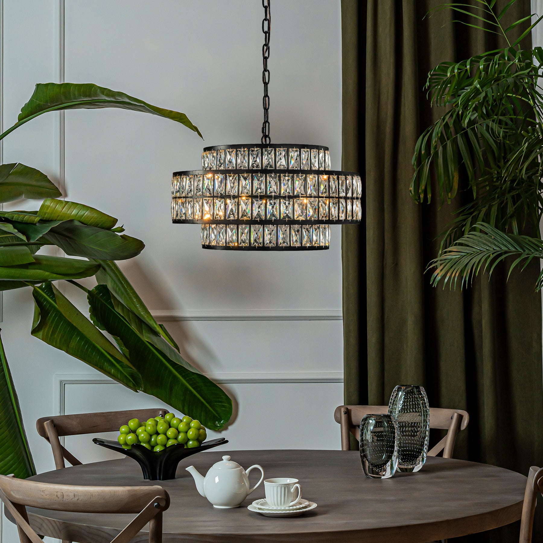 22" Modern Crystal Chandelier 6-Light Matte Black Tiered Drum Pendant Light Fixture for Dining Room and Kitchen