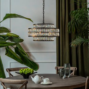 22" Modern Crystal Chandelier 6-Light Matte Black Tiered Drum Pendant Light Fixture for Dining Room and Kitchen