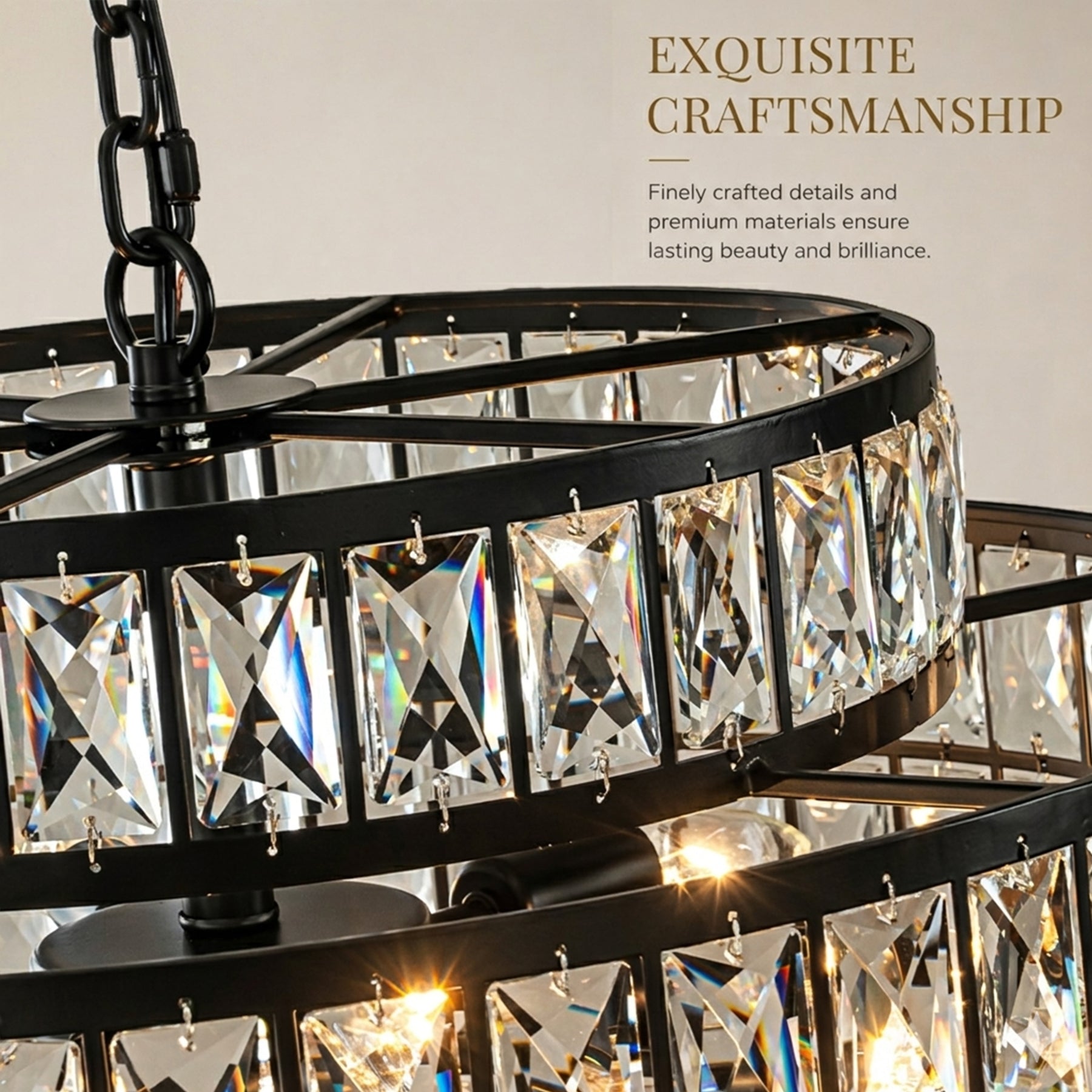 22" Modern Crystal Chandelier 6-Light Matte Black Tiered Drum Pendant Light Fixture for Dining Room and Kitchen