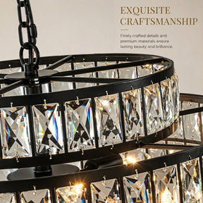 22" Modern Crystal Chandelier 6-Light Matte Black Tiered Drum Pendant Light Fixture for Dining Room and Kitchen