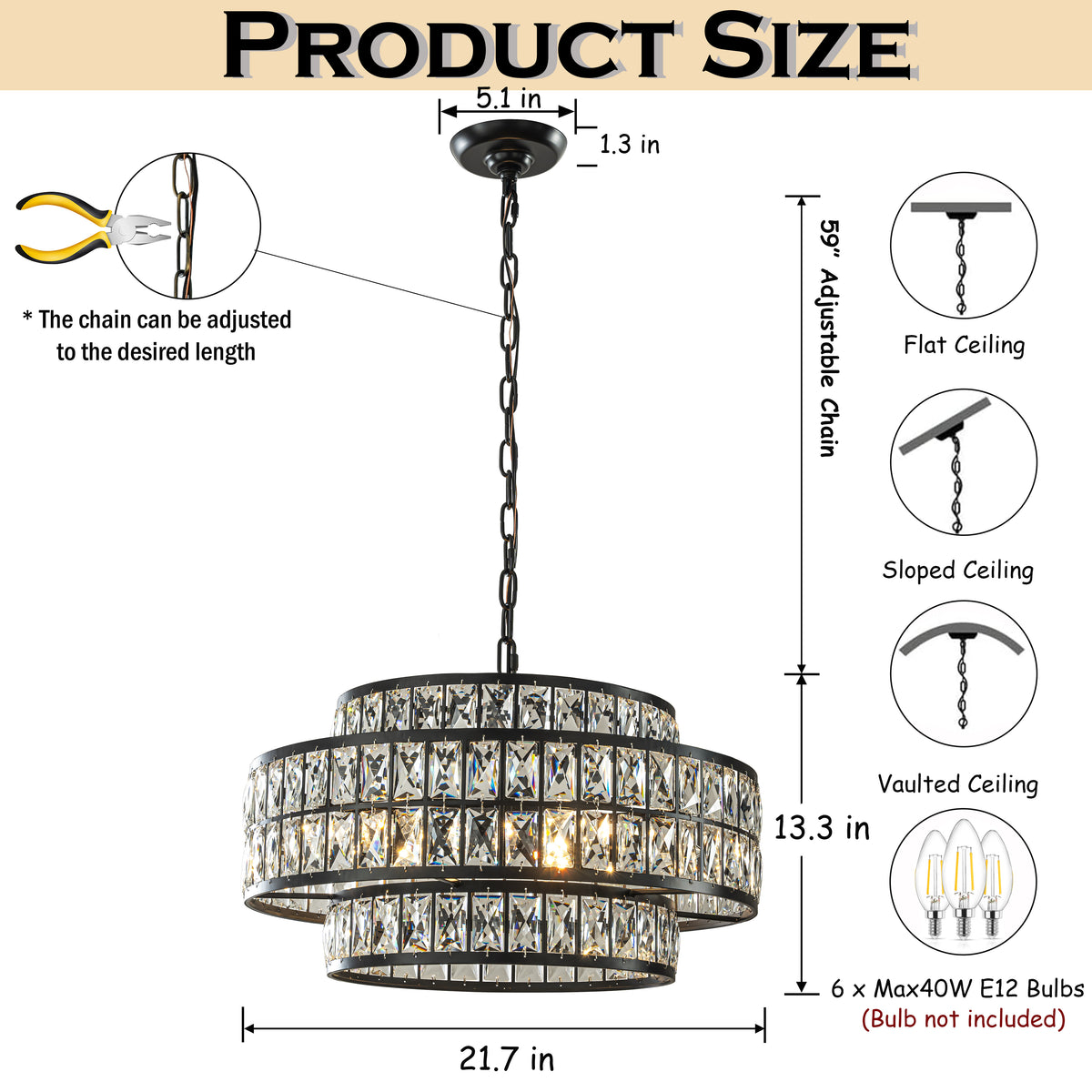 22" Modern Crystal Chandelier 6-Light Matte Black Tiered Drum Pendant Light Fixture for Dining Room and Kitchen