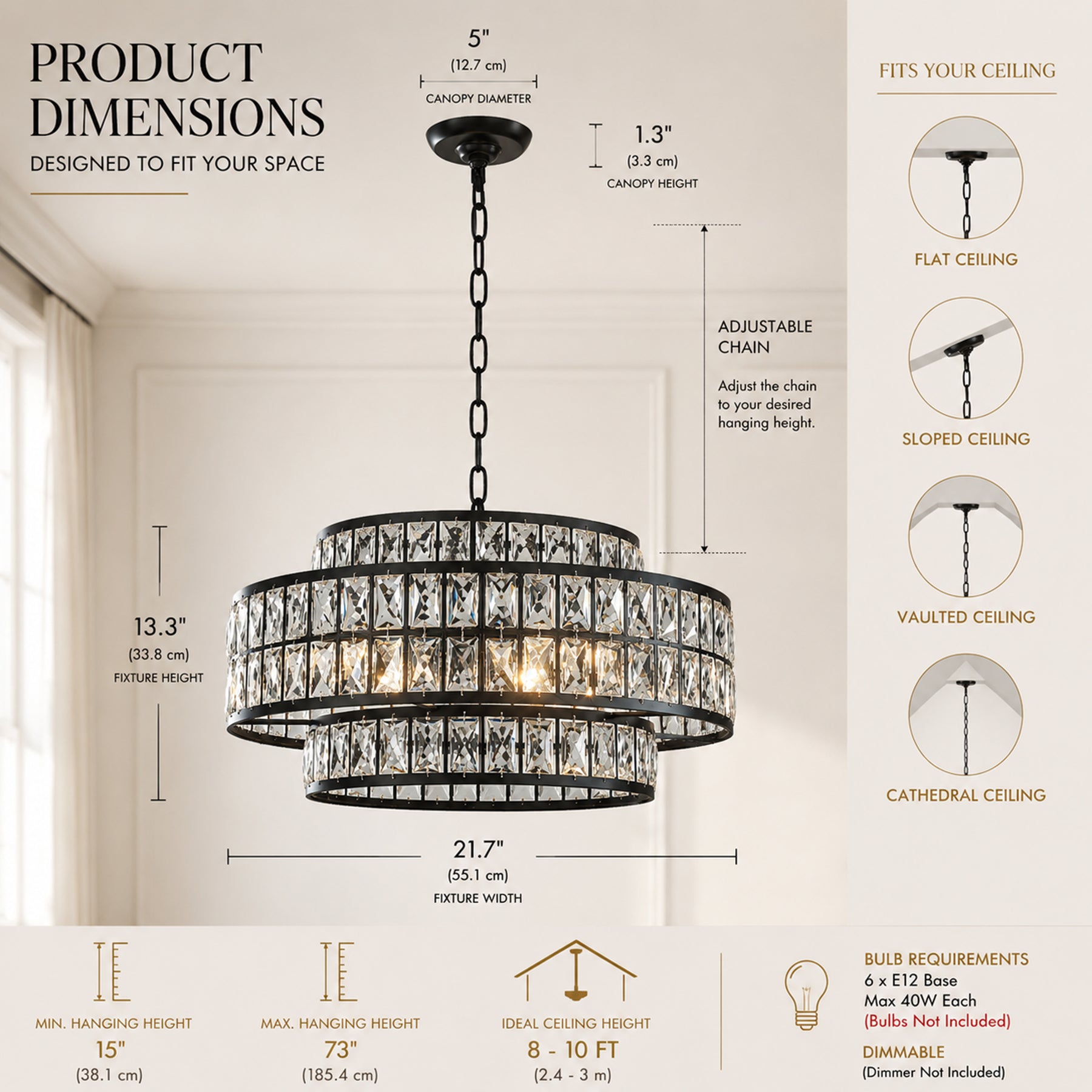 22" Modern Crystal Chandelier 6-Light Matte Black Tiered Drum Pendant Light Fixture for Dining Room and Kitchen