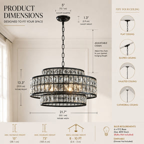 22" Modern Crystal Chandelier 6-Light Matte Black Tiered Drum Pendant Light Fixture for Dining Room and Kitchen