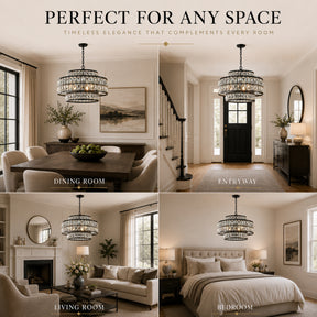 22" Modern Crystal Chandelier 6-Light Matte Black Tiered Drum Pendant Light Fixture for Dining Room and Kitchen
