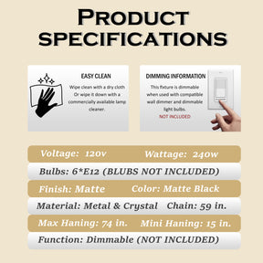 22" Modern Crystal Chandelier 6-Light Matte Black Tiered Drum Pendant Light Fixture for Dining Room and Kitchen