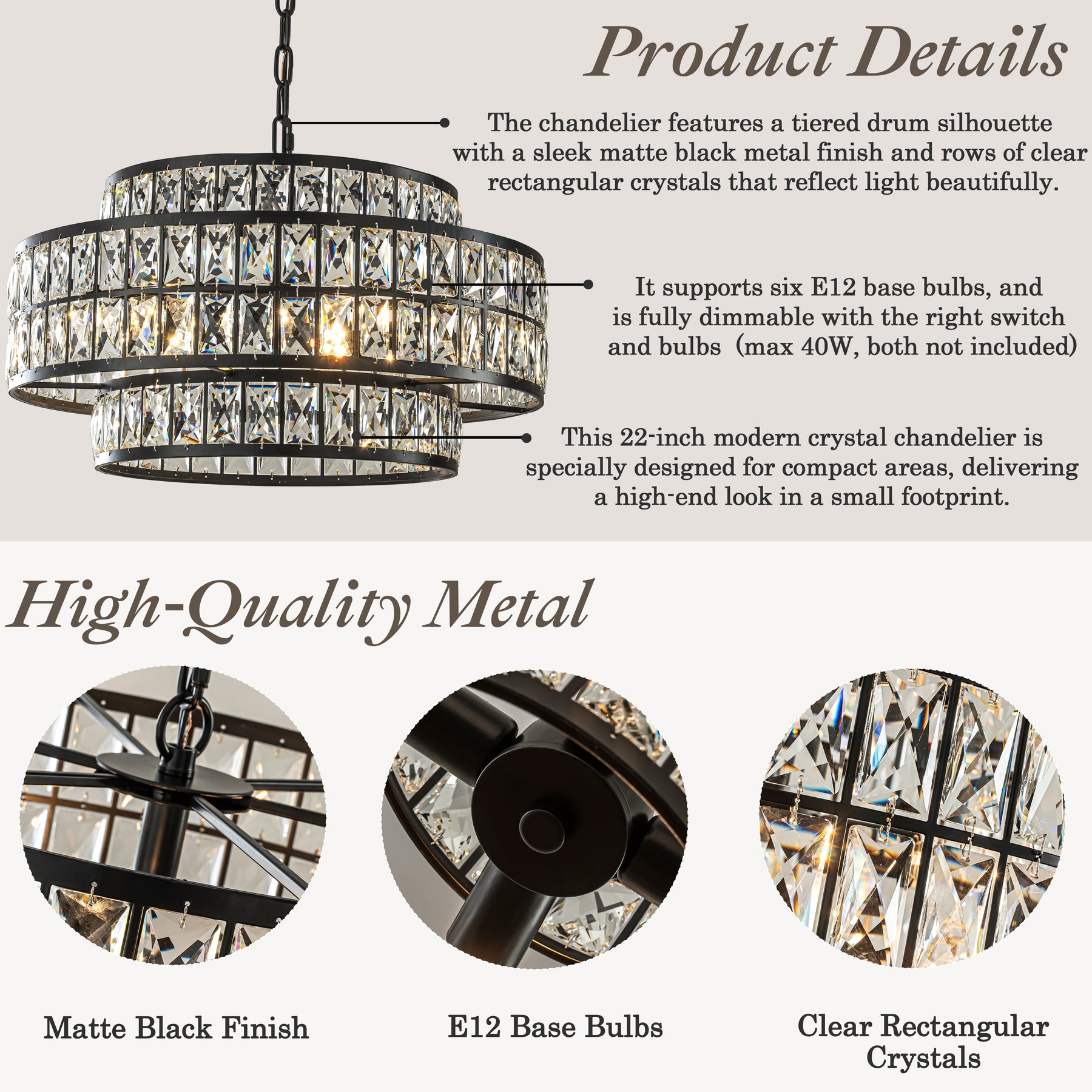 22" Modern Crystal Chandelier 6-Light Matte Black Tiered Drum Pendant Light Fixture for Dining Room and Kitchen