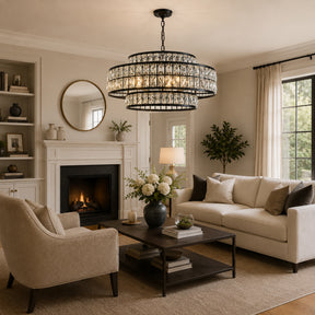 28" Large Crystal Chandelier Matte Black 2-Tier Drum Pendant Light 8-Light Modern Glam Lighting Fixture for Dining Room Living Room