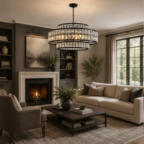 28" Large Crystal Chandelier Matte Black 2-Tier Drum Pendant Light 8-Light Modern Glam Lighting Fixture for Dining Room Living Room