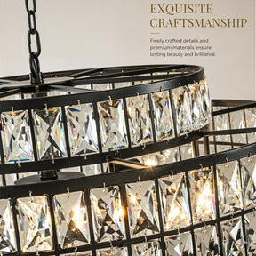 28" Large Crystal Chandelier Matte Black 2-Tier Drum Pendant Light 8-Light Modern Glam Lighting Fixture for Dining Room Living Room
