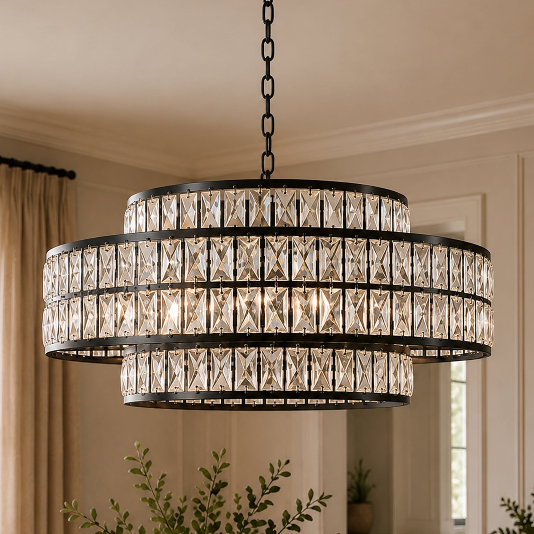 28" Large Crystal Chandelier Matte Black 2-Tier Drum Pendant Light 8-Light Modern Glam Lighting Fixture for Dining Room Living Room