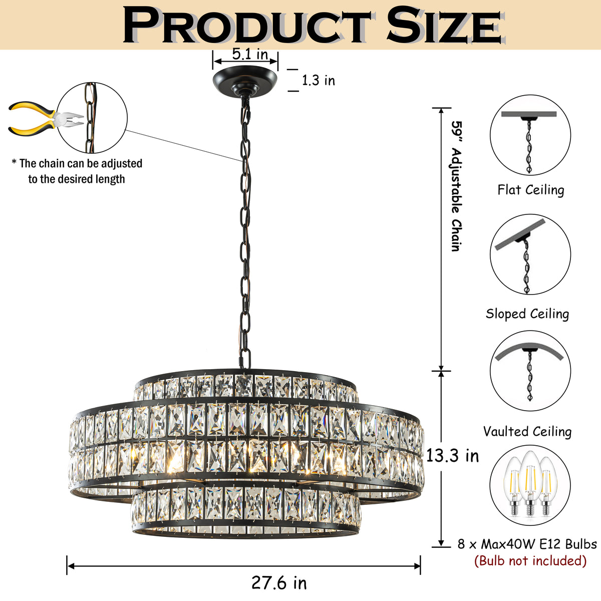 28" Large Crystal Chandelier Matte Black 2-Tier Drum Pendant Light 8-Light Modern Glam Lighting Fixture for Dining Room Living Room